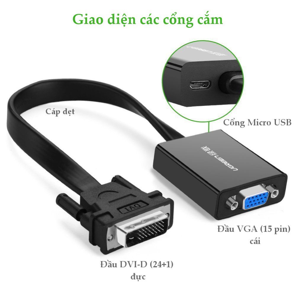 cap chuyen tin hieu dvi d 241 sang vga active 15 pin dai 20cm ugreen 40259 mau den qtctech 9